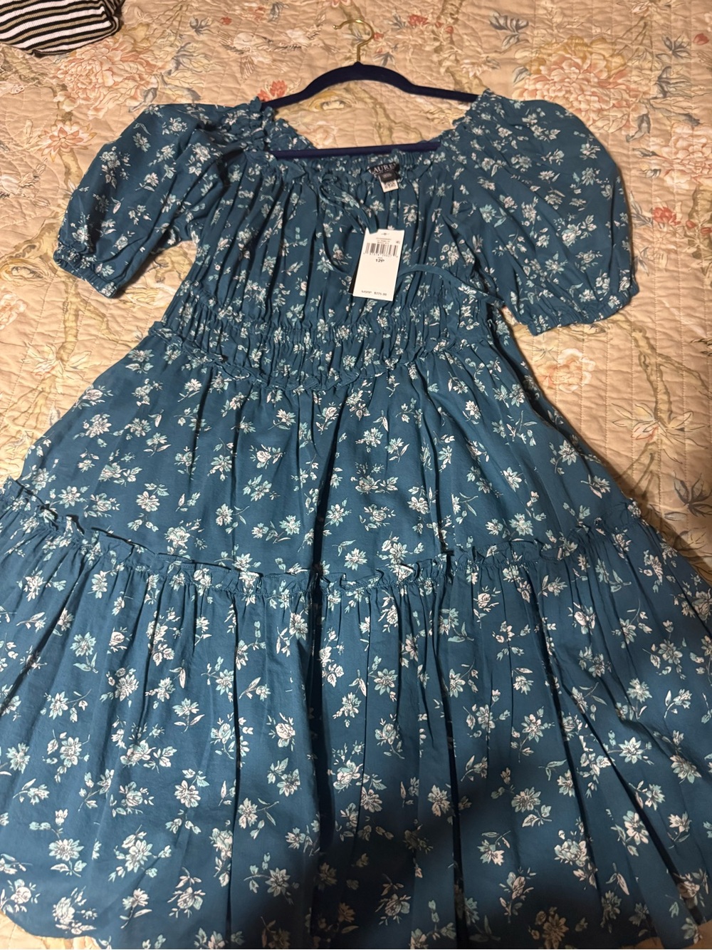 Lauren Ralph Lauren Teal Blue Floral Smocked Midi Dress